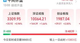 A股午盘：全市场超4800股上涨